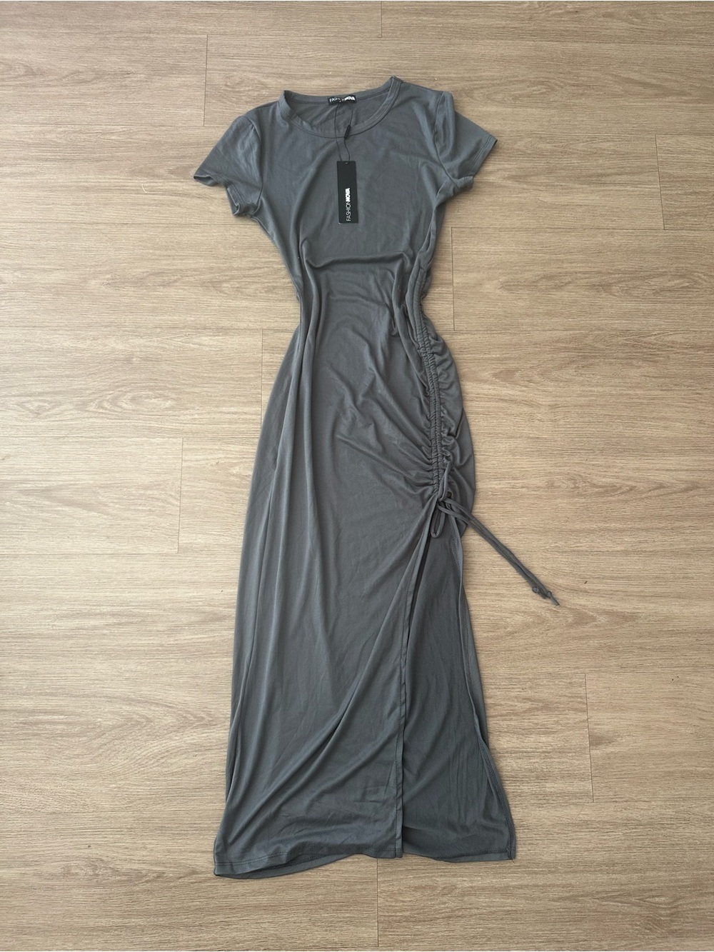 Fashion Nova Charcoal Gray Asymmetrical Ruched Maxi Dress